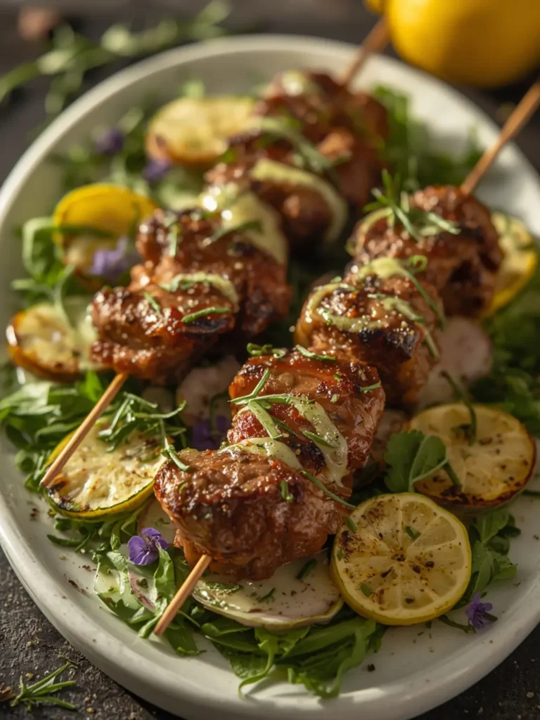 Vibrant photo of juicy, golden-brown lamb kebabs stacked on a rustic wooden board. The meat has a beautiful char, glistening with olive oil. Bright green asparagus spears and vibrant pink radish halves are threaded on the skewers alongside the lamb. Fresh lemon wedges and a sprinkle of chopped parsley add pops of color. Soft, natural lighting highlights the texture of the seared meat and crisp vegetables.