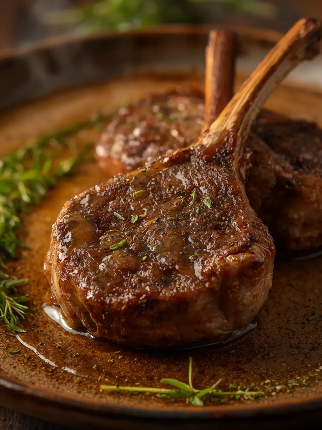 Four perfectly seared lamb shoulder chops resting on a rustic white plate. The meat has a deep golden-brown crust with visible char marks from the air fryer. Sprigs of fresh rosemary and slices of roasted garlic are scattered around, adding a pop of green and texture. Steam rises gently from the chops, indicating they are fresh out of the air fryer. The lighting is warm and inviting, highlighting the juicy texture of the meat.