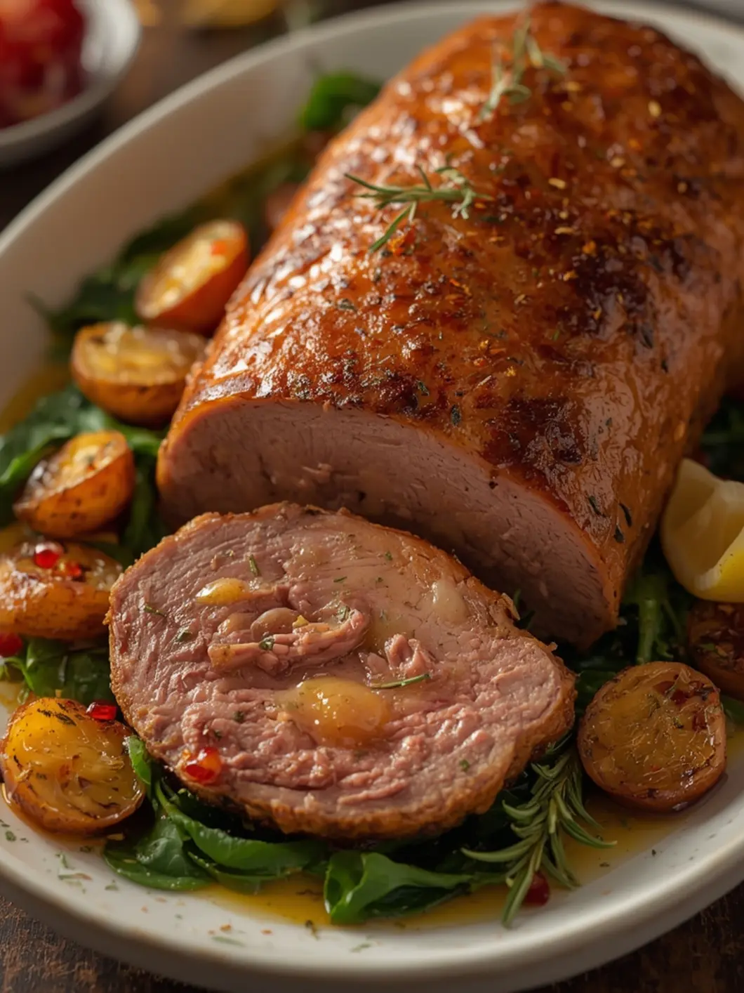 A beautifully golden-brown leg of lamb glistening with herb-infused oil, freshly sliced to reveal a perfectly juicy, pink interior. The crust is crispy with visible rosemary and garlic bits. It sits on a rustic wooden cutting board surrounded by small roasted potatoes and a sprig of fresh rosemary for garnish. Soft, warm lighting highlights the juicy texture and caramelized edges. Steam gently rises from the freshly cut meat, emphasizing the moisture and tenderness.