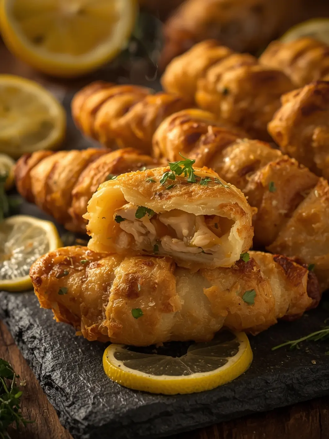 Four golden-brown chicken pieces sizzling in a black air fryer basket, with crispy edges and visible herb flecks. Steam rises gently. A bright yellow lemon slice rests on top, with fresh green parsley sprinkled over. The chicken is juicy and tender, with a glossy, golden brown finish from the lemon and olive oil. Photographed with a dark matte surface and natural light from the side for dramatic shadows.