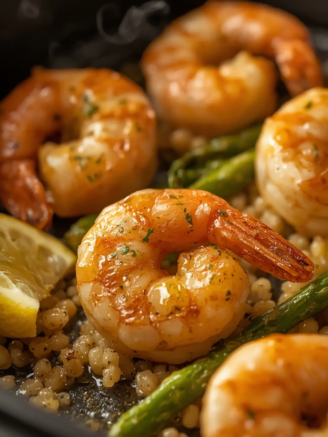 Close-up shot of vibrant pink and orange shrimp glistening with olive oil and lemon juices in a stainless steel air fryer basket. Golden-brown edges on the shrimp hint at crispiness. Chopped bright green parsley is sprinkled on top. Lighting is bright and airy, highlighting the steam rising from the freshly cooked shrimp. Background is a dark slate surface.