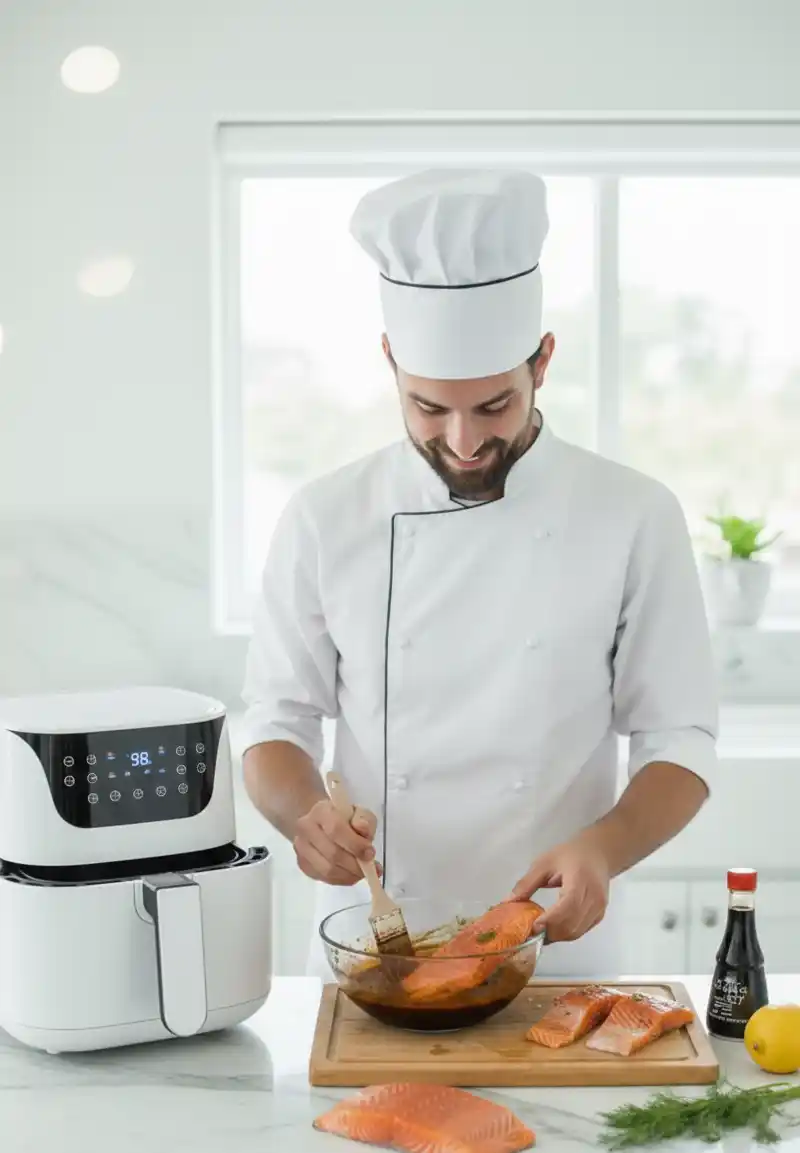 Chef Marcus brushing a honey garlic glaze onto fresh raw salmon fillets on a wooden cutting board next to a white air fryer.