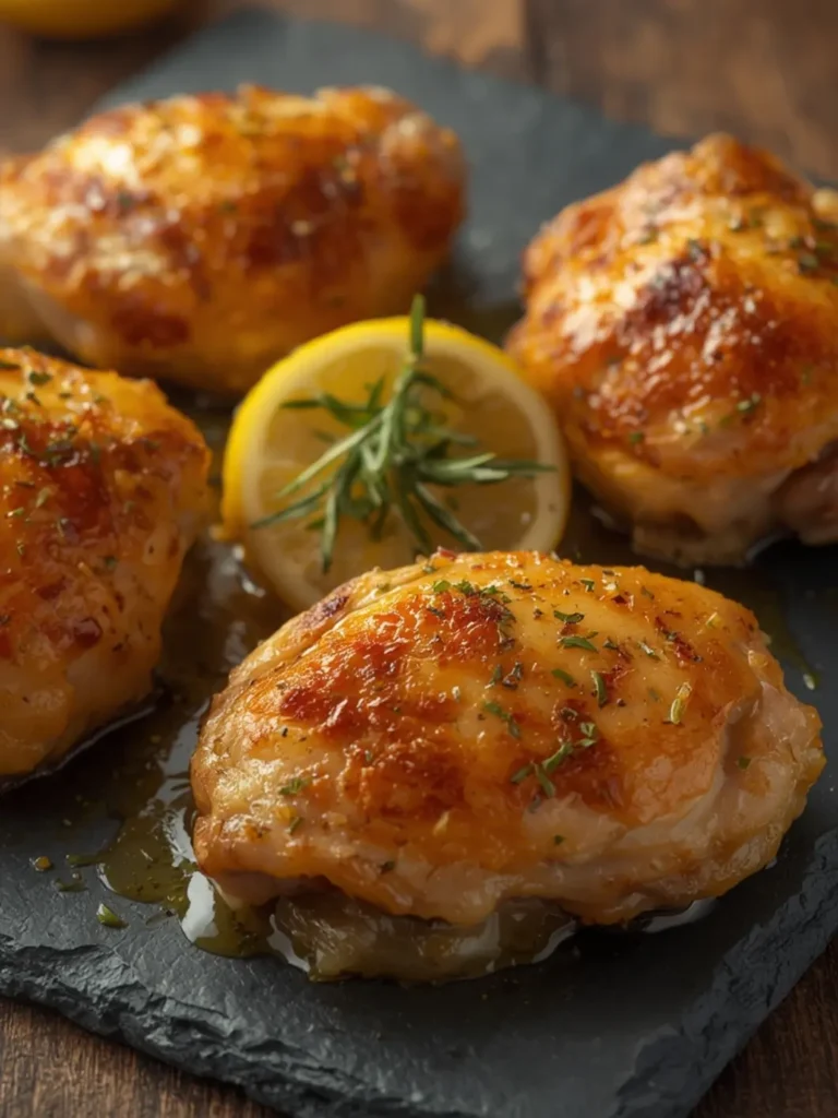 Golden-brown chicken thigh chunks with crispy edges and a beautiful caramelized crust from the air fryer. The seasoning creates visible herb flecks on the meat, with juicy tender interiors peeking through. Served on a white plate with fresh herbs garnish and lemon wedges, steam rising, rustic kitchen background with soft natural lighting.