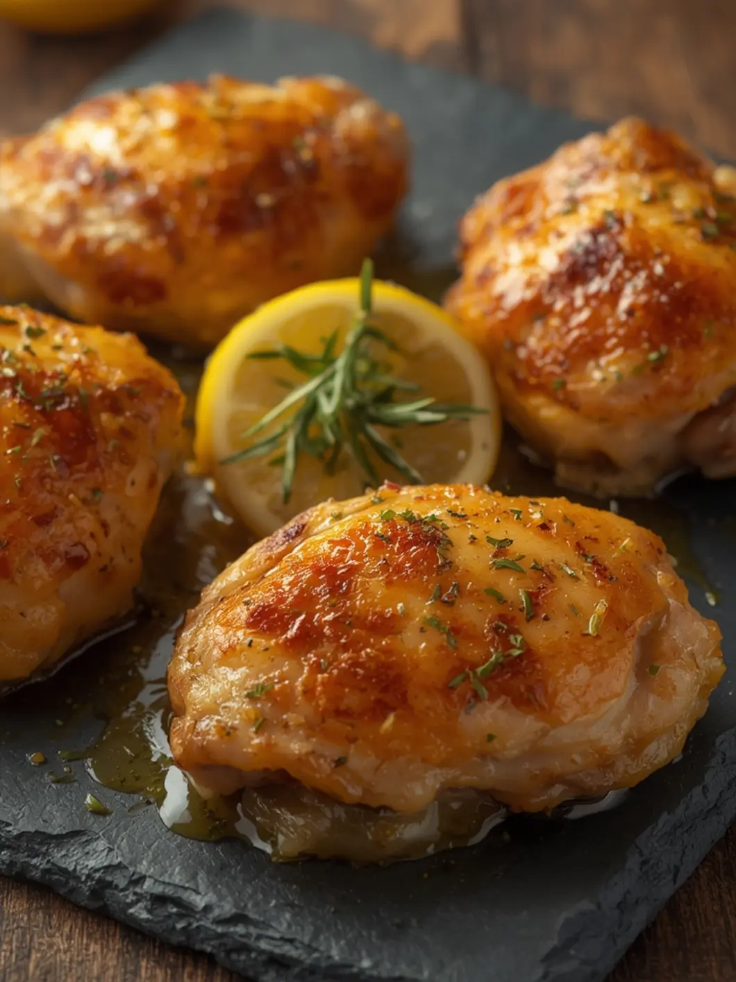 Golden-brown chicken thigh chunks with crispy edges and a beautiful caramelized crust from the air fryer. The seasoning creates visible herb flecks on the meat, with juicy tender interiors peeking through. Served on a white plate with fresh herbs garnish and lemon wedges, steam rising, rustic kitchen background with soft natural lighting.