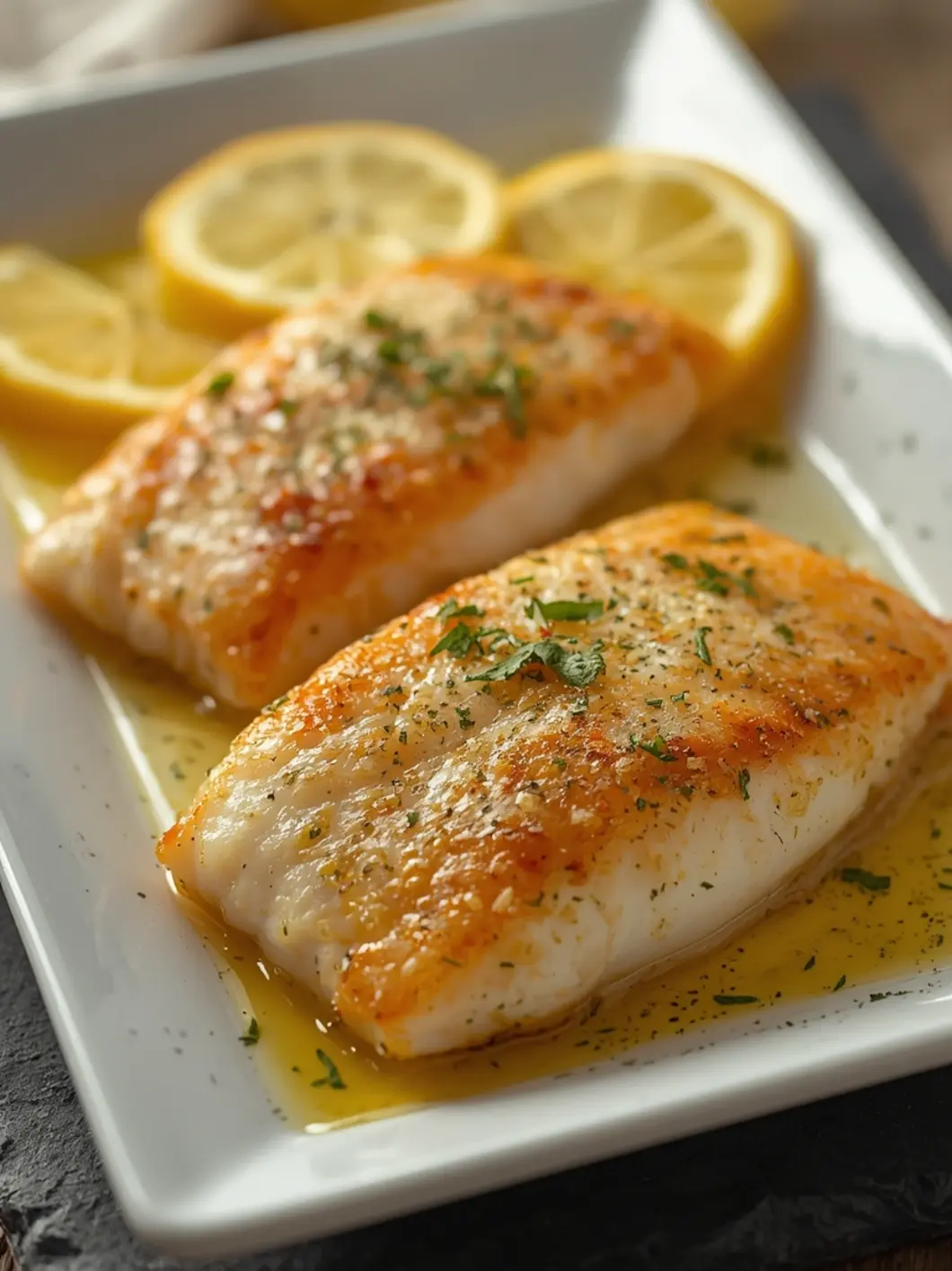 Golden-brown tilapia fillets with crispy edges and visible lemon pepper seasoning flakes, nestled in an air fryer basket. Bright green fresh parsley garnish and bright yellow lemon wedges add vibrant color contrast. Steam rises from the hot fish showing perfect doneness. The fillets have a beautiful light golden crust while remaining flaky and moist inside. Professional food photography style with soft natural lighting.