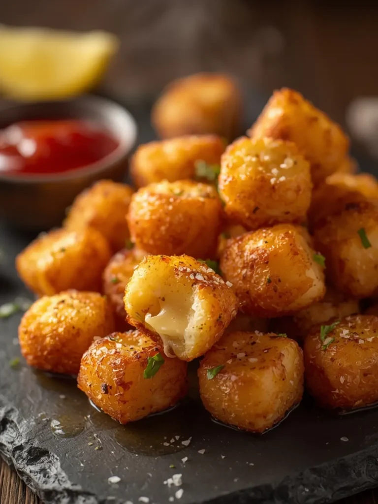 A close-up shot of golden-brown, perfectly crispy tater tots piled high in a rustic bowl. The lighting highlights the crunchy texture and savory specks of seasoning. Steam is gently rising, suggesting they are fresh out of the air fryer. In the background, a small ramekin of ketchup adds a pop of red color.