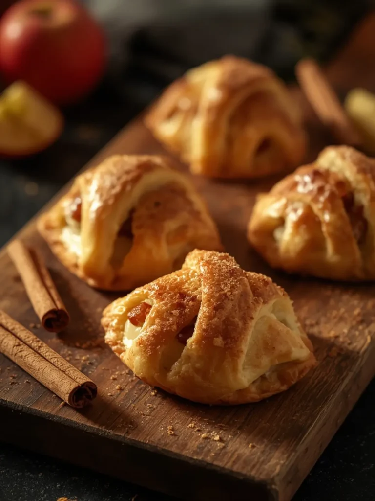 Golden-brown Air Fryer Apple Hand Pies on a wooden board with flaky pastry and spiced apple filling visible. Perfect for a quick dessert.