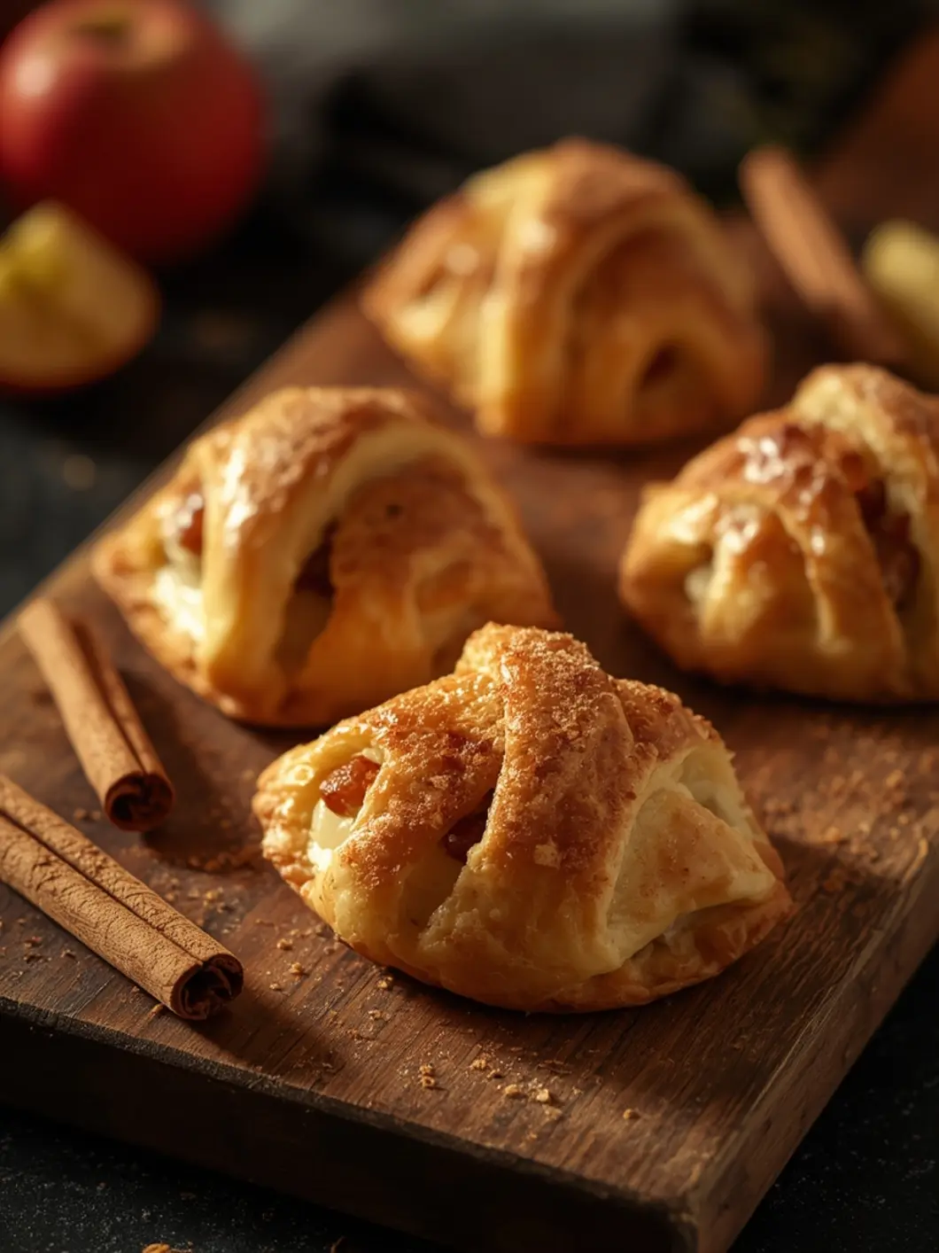 Golden-brown Air Fryer Apple Hand Pies on a wooden board with flaky pastry and spiced apple filling visible. Perfect for a quick dessert.