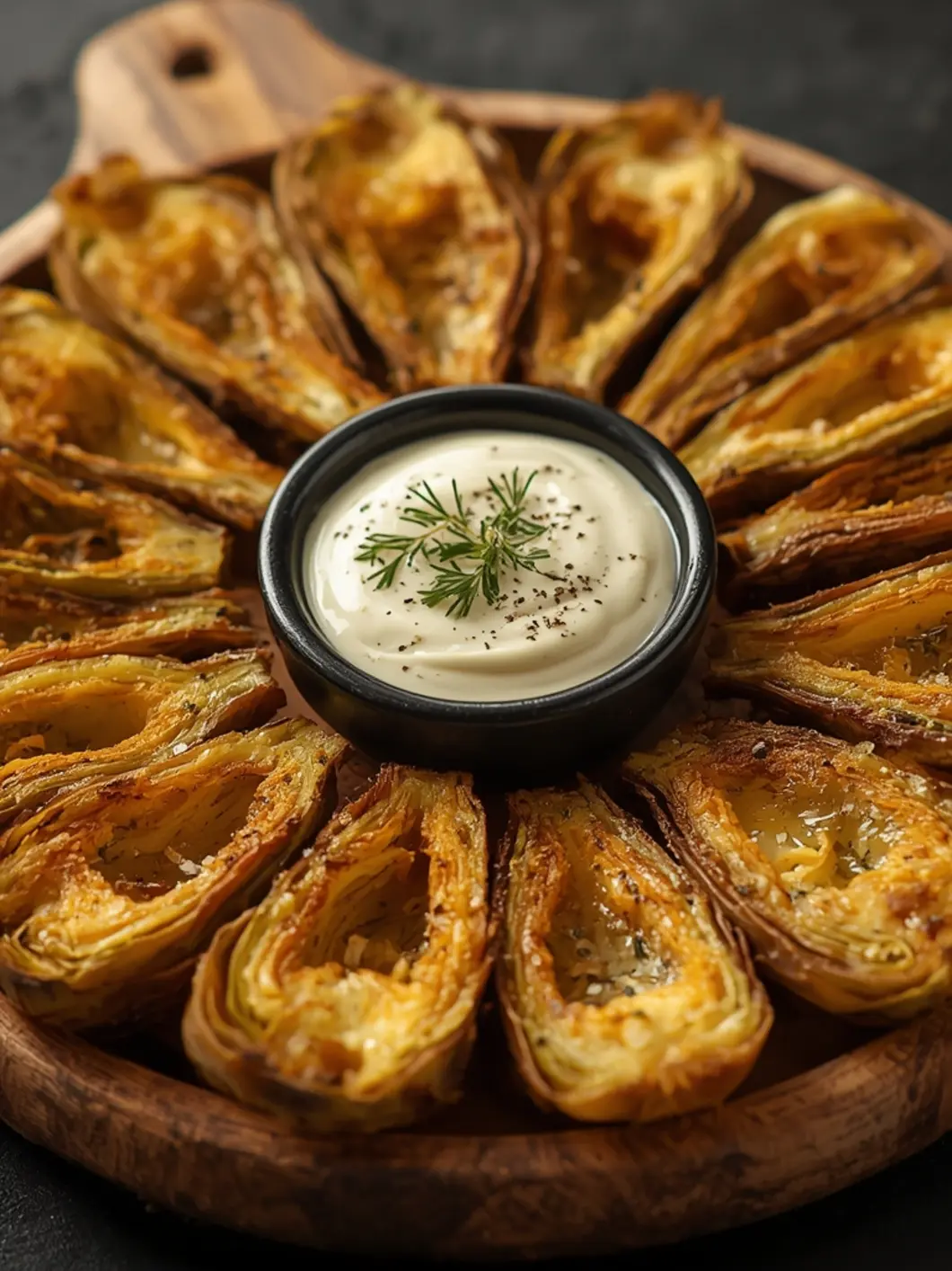 Crispy golden-brown air fryer artichoke hearts with green parsley garnish on a wooden board. Perfectly cooked and looking delicious.