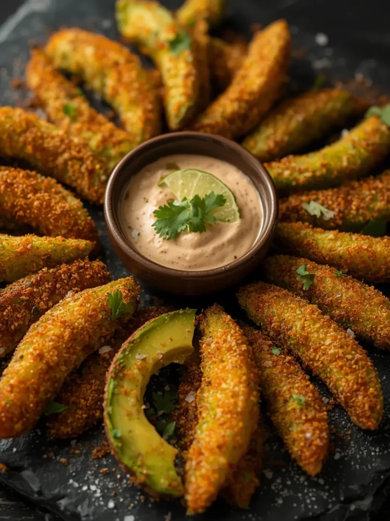 Golden-brown crispy avocado fries with vibrant green interior and fresh cilantro garnish on a rustic plate.