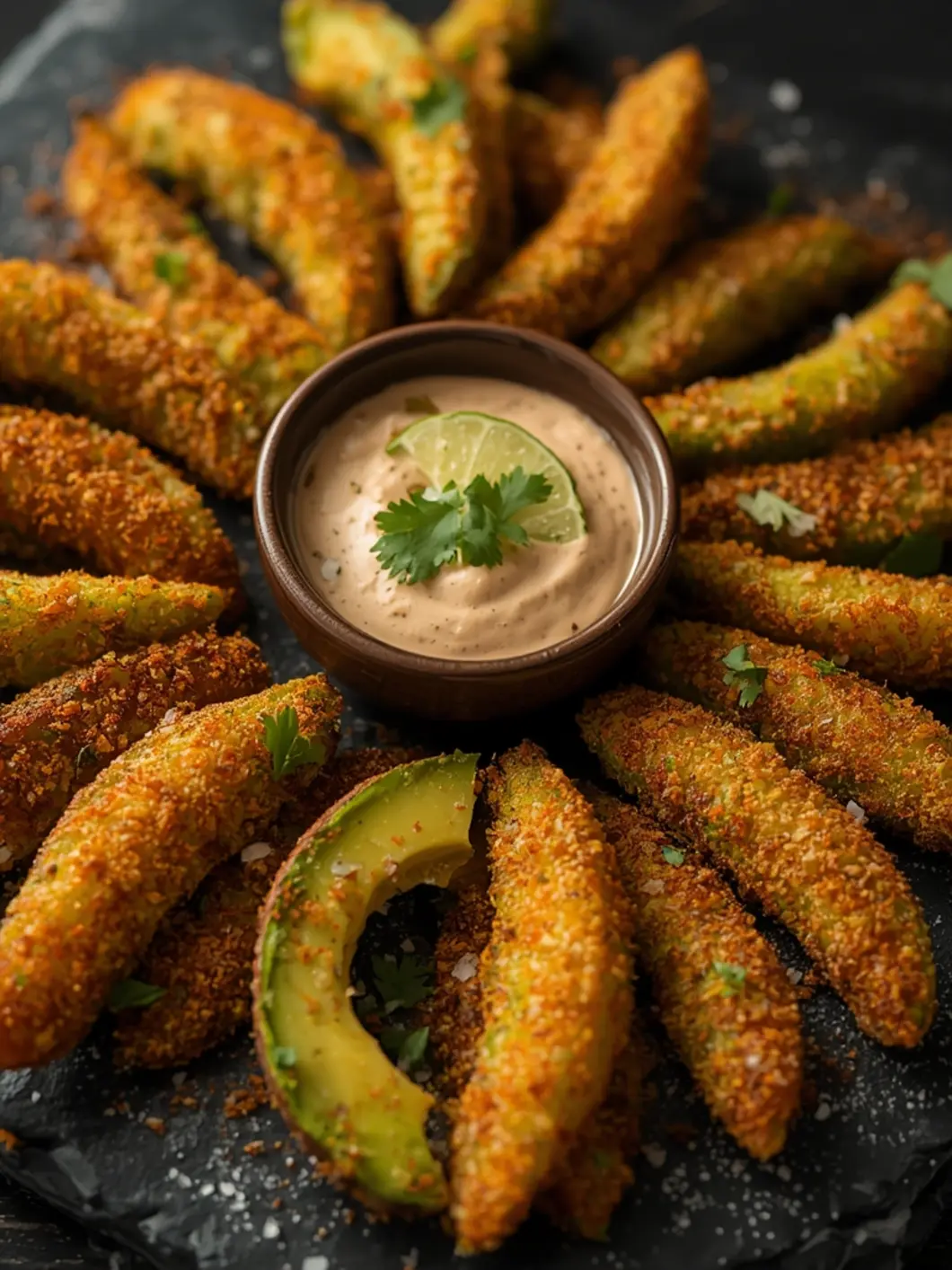 Golden-brown crispy avocado fries with vibrant green interior and fresh cilantro garnish on a rustic plate.