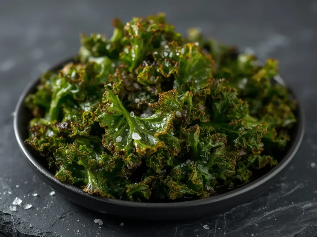 Air Fryer Baked kale chips: Crispy green kale chips in air fryer basket with golden brown edges