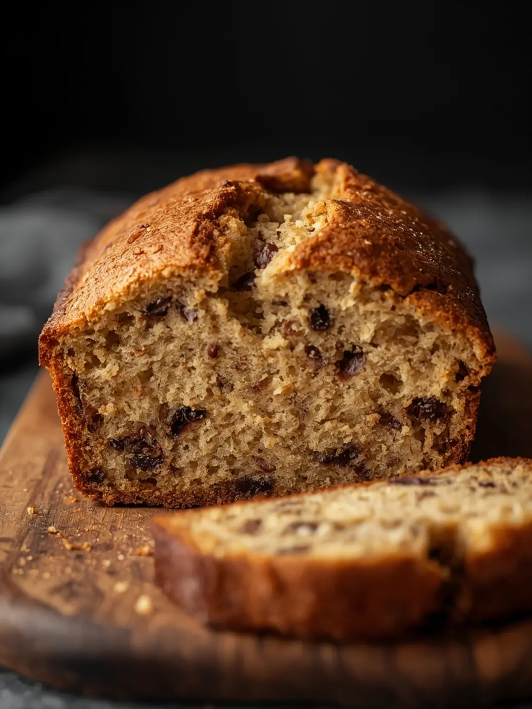 Air Fryer Banana Bread Loaf with moist crumb and walnuts on a cutting board, fresh from the air fryer.