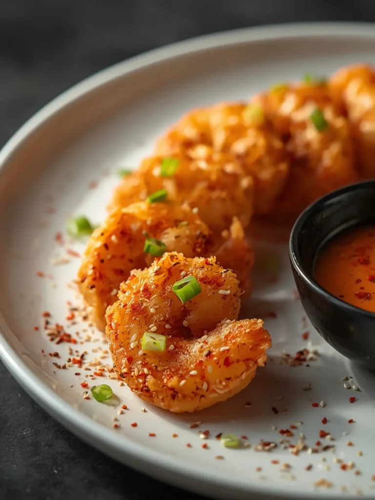 Crispy golden brown air fryer bang bang shrimp drizzled with creamy spicy sauce and garnished with green onions on a dark plate.