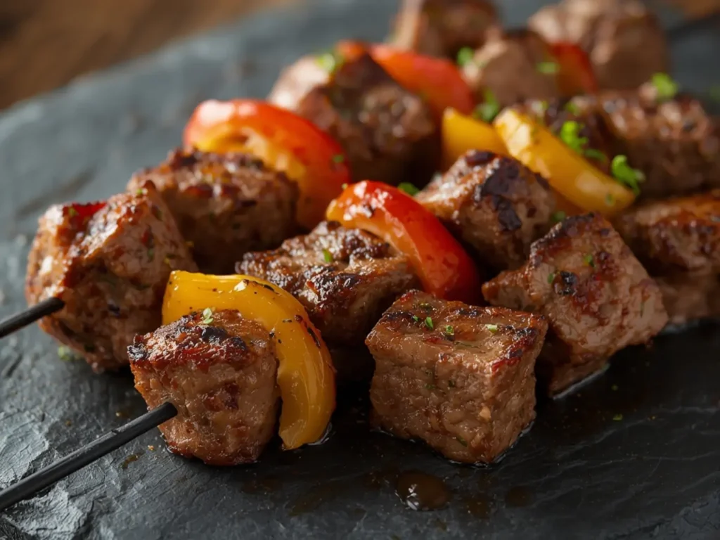 Air Fryer Beef kebab: Golden brown beef kebab skewers with crisp colorful peppers and onions in air fryer basket