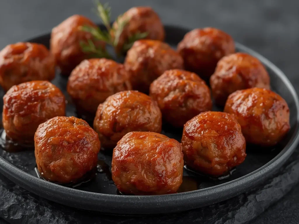 Air Fryer Beef meatballs: Golden brown air fryer beef meatballs with a crispy exterior and tender interior, arranged in a single layer.