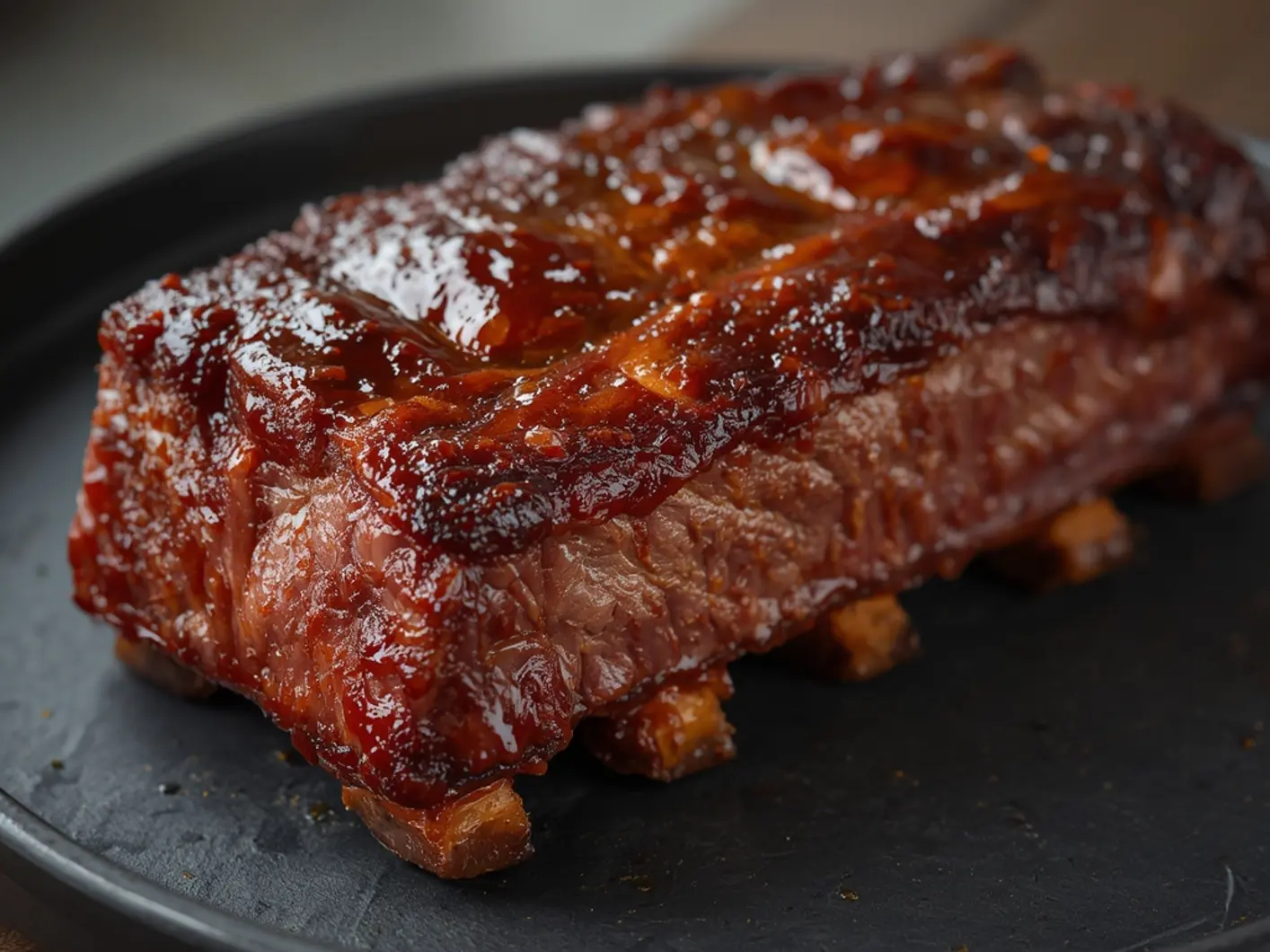 Air Fryer Beef ribs: Juicy fall-off-the-bone air fryer beef ribs with dark caramelized crust on white plate.