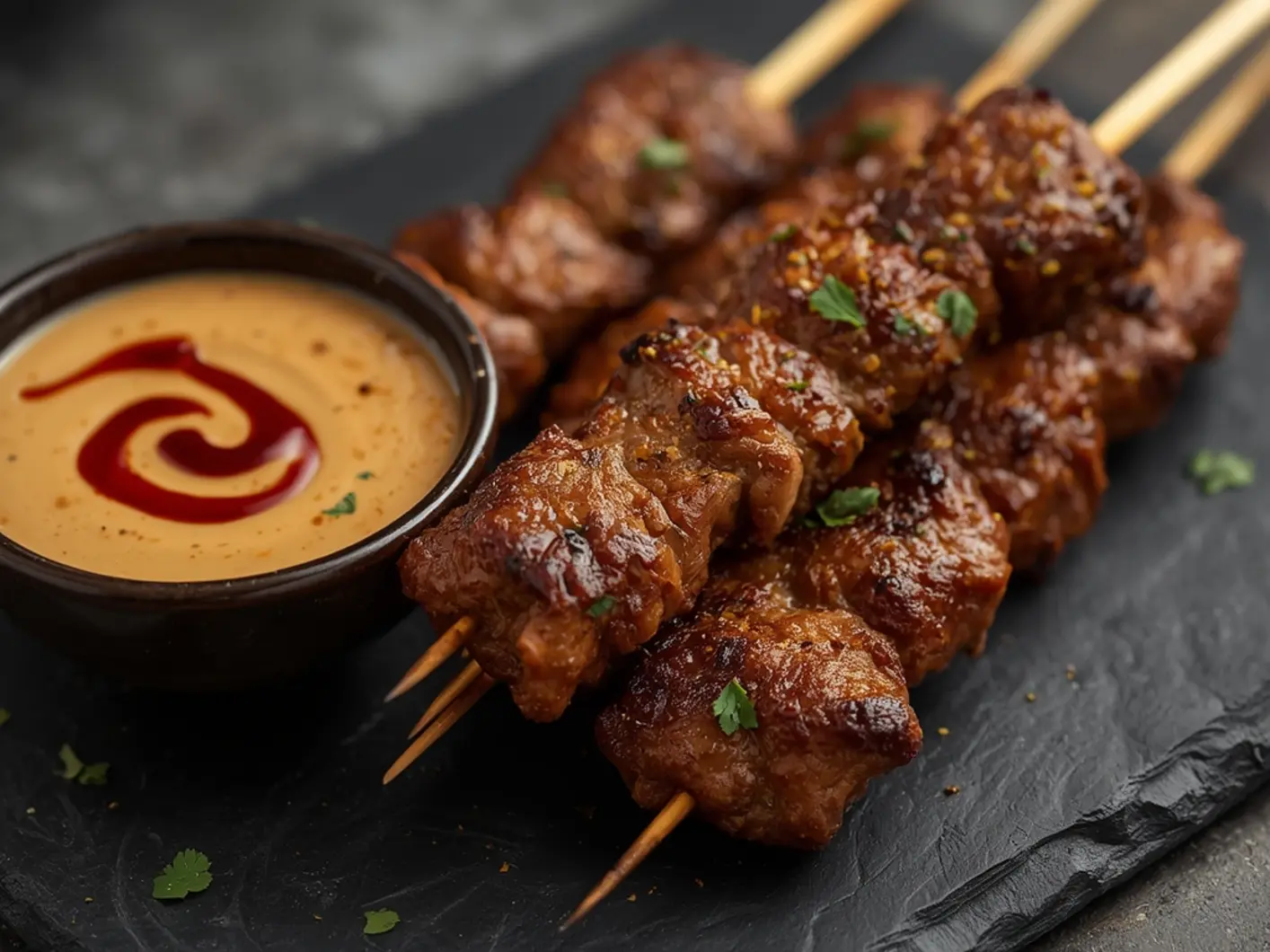 Air Fryer Beef satay: Golden beef satay skewers with charred edges and creamy peanut sauce dip for Air Fryer Dinners