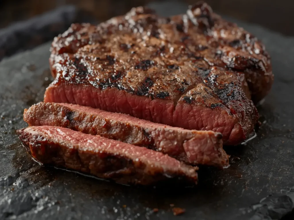 Air Fryer Beef steak: Juicy Air Fryer Beef steak with a golden-brown crust and tender pink center, ready to serve.