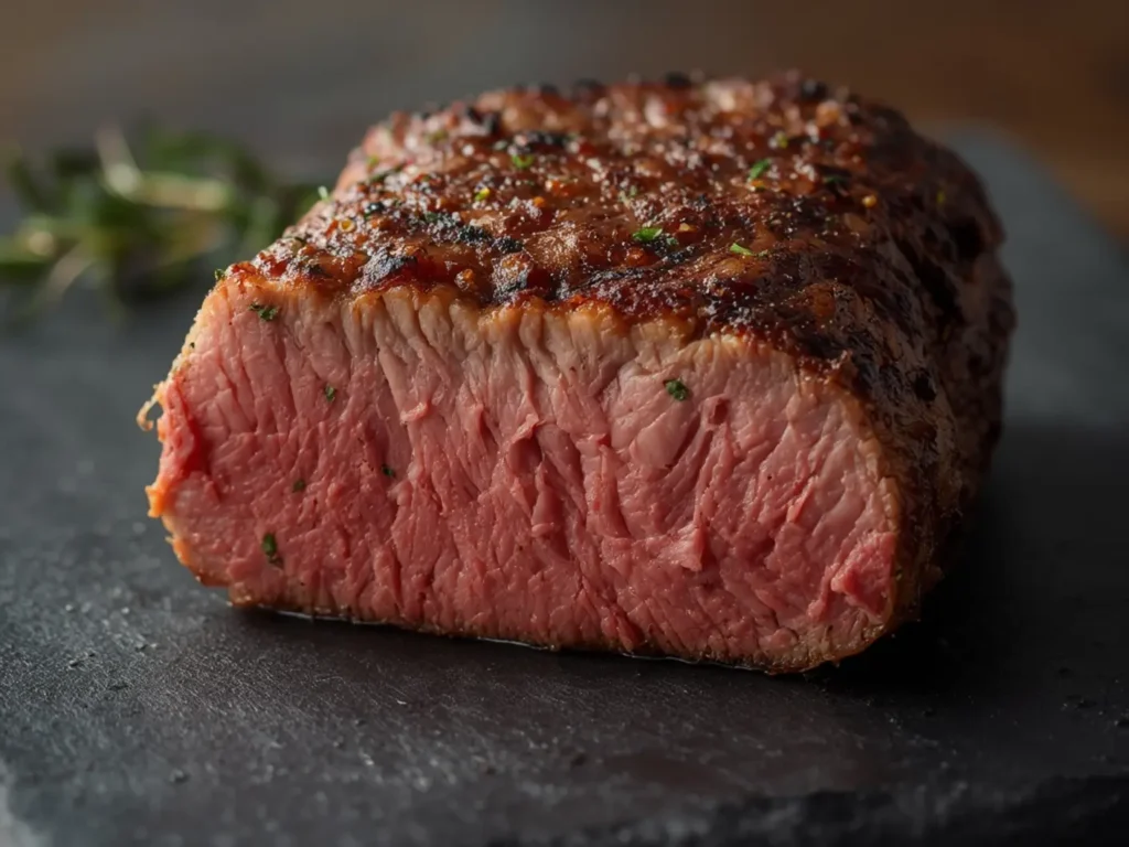 Air Fryer Beef tenderloin: Juicy air fryer beef tenderloin with a rosemary crust, sliced to show pink interior
