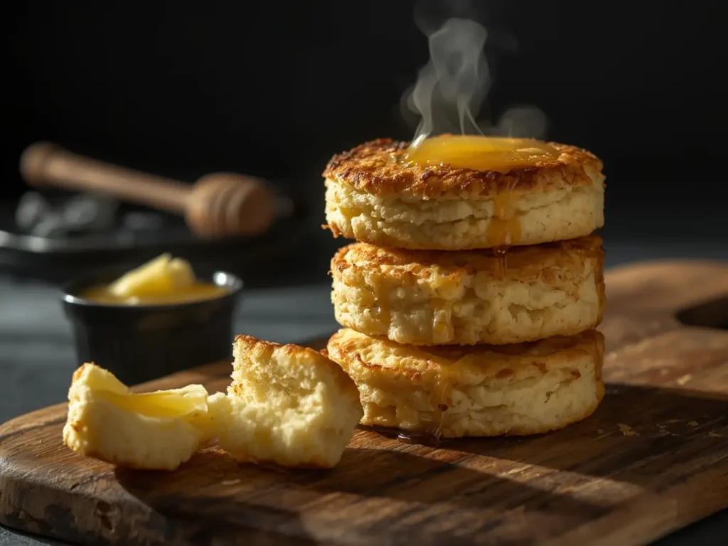 Air Fryer Biscuits: Golden brown fluffy air fryer biscuits on a wooden board with melted butter, ready for breakfast.