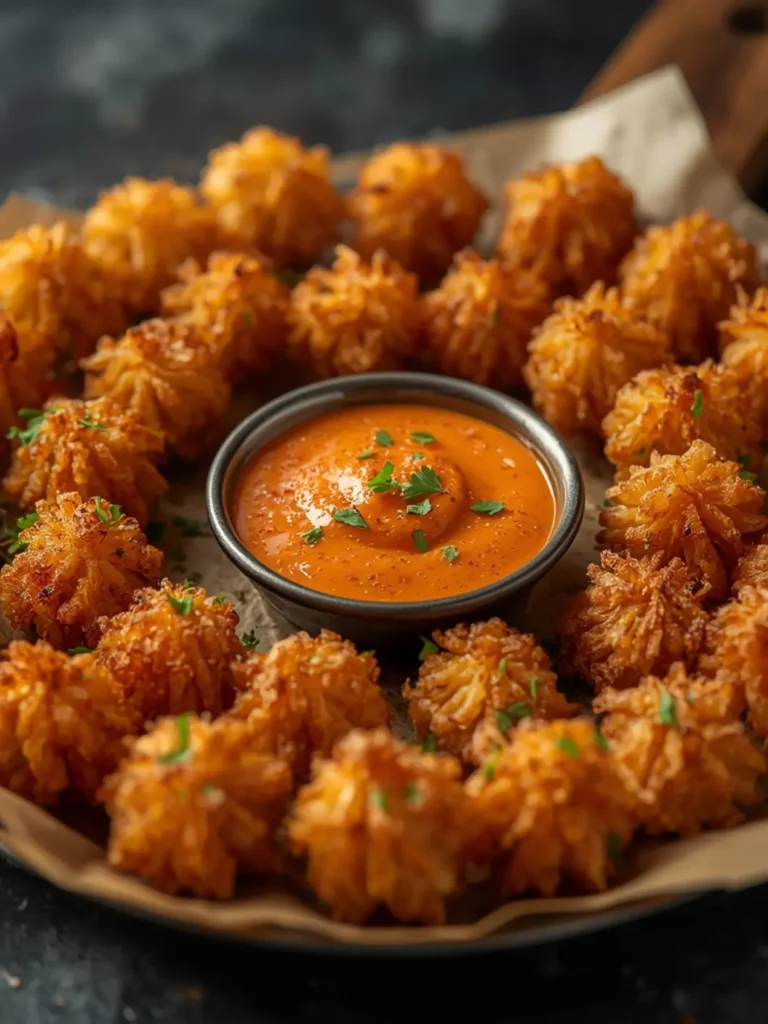Crispy golden air fryer blooming onion minis with panko crust on wooden board with creamy dipping sauce.