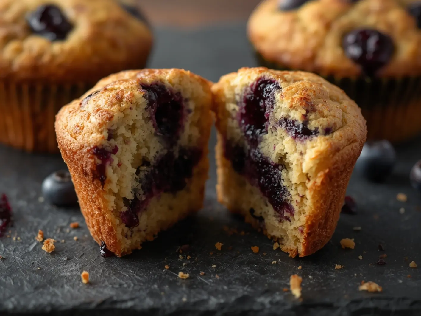 Air Fryer Blueberry muffins: Freshly baked Air Fryer Blueberry Muffins with golden tops and visible blueberry juice on a cooling rack.
