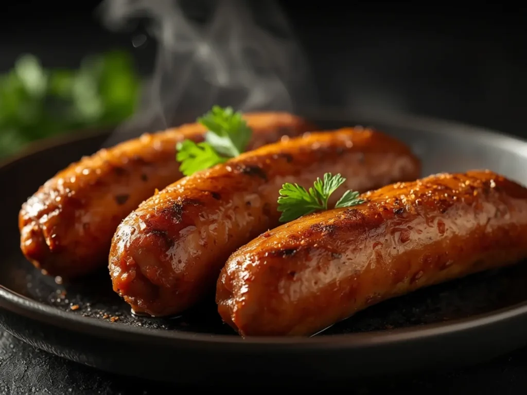 Air Fryer Bratwurst: Golden-brown crispy air fryer bratwurst on a dark plate with juicy interior and blistered skin, steam rising.