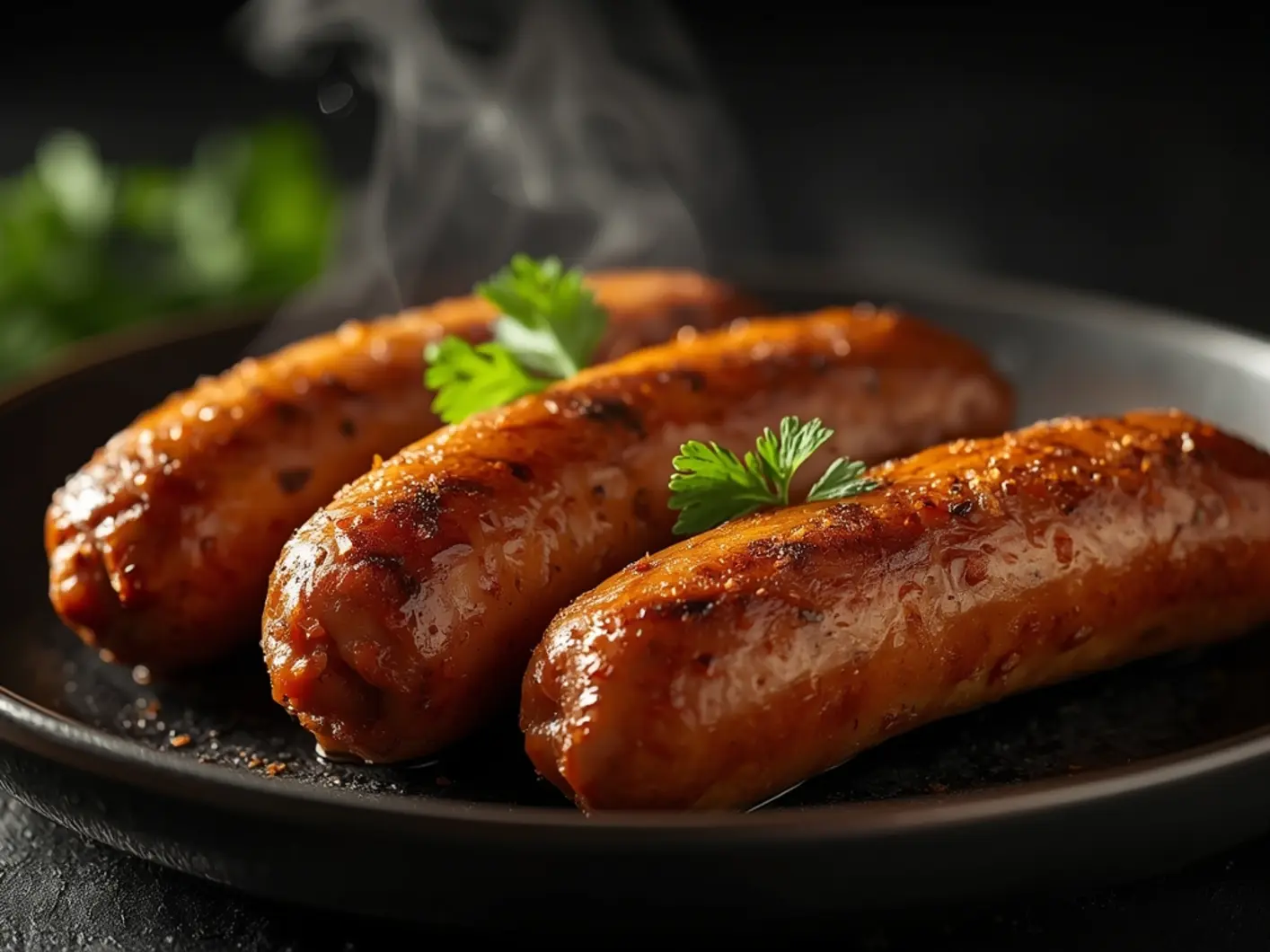 Air Fryer Bratwurst: Golden-brown crispy air fryer bratwurst on a dark plate with juicy interior and blistered skin, steam rising.