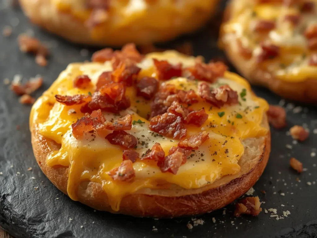 Air Fryer Breakfast Bagel Pizzas: Air Fryer Breakfast Bagel Pizzas with melted cheese and crispy bacon on a golden toasted bagel.