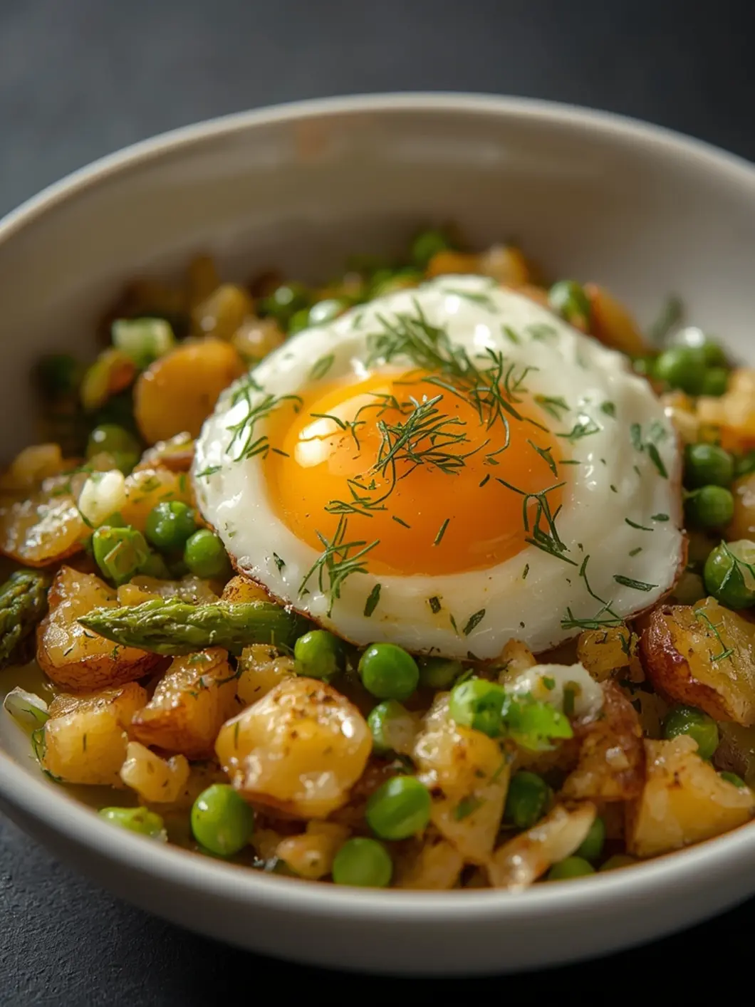 Crispy golden air fryer breakfast hash with asparagus and sunny-side-up eggs in a skillet, vibrant green and yellow colors.