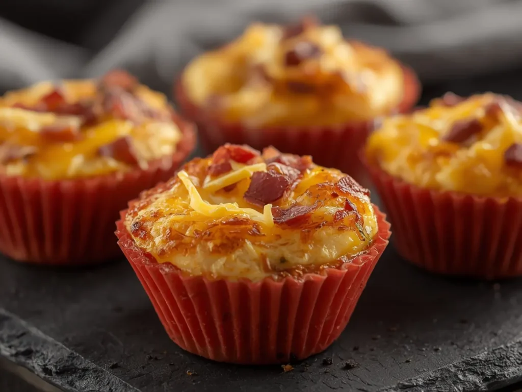 Air fryer Brunch Egg Bites: Golden air fryer Brunch Egg Bites with melted cheese and bacon bits in a silicone mold.