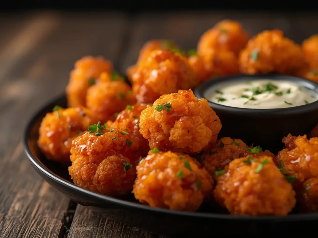 air fryer buffalo cauliflower bites: Crispy air fryer buffalo cauliflower bites piled high on a platter with fresh garnish.