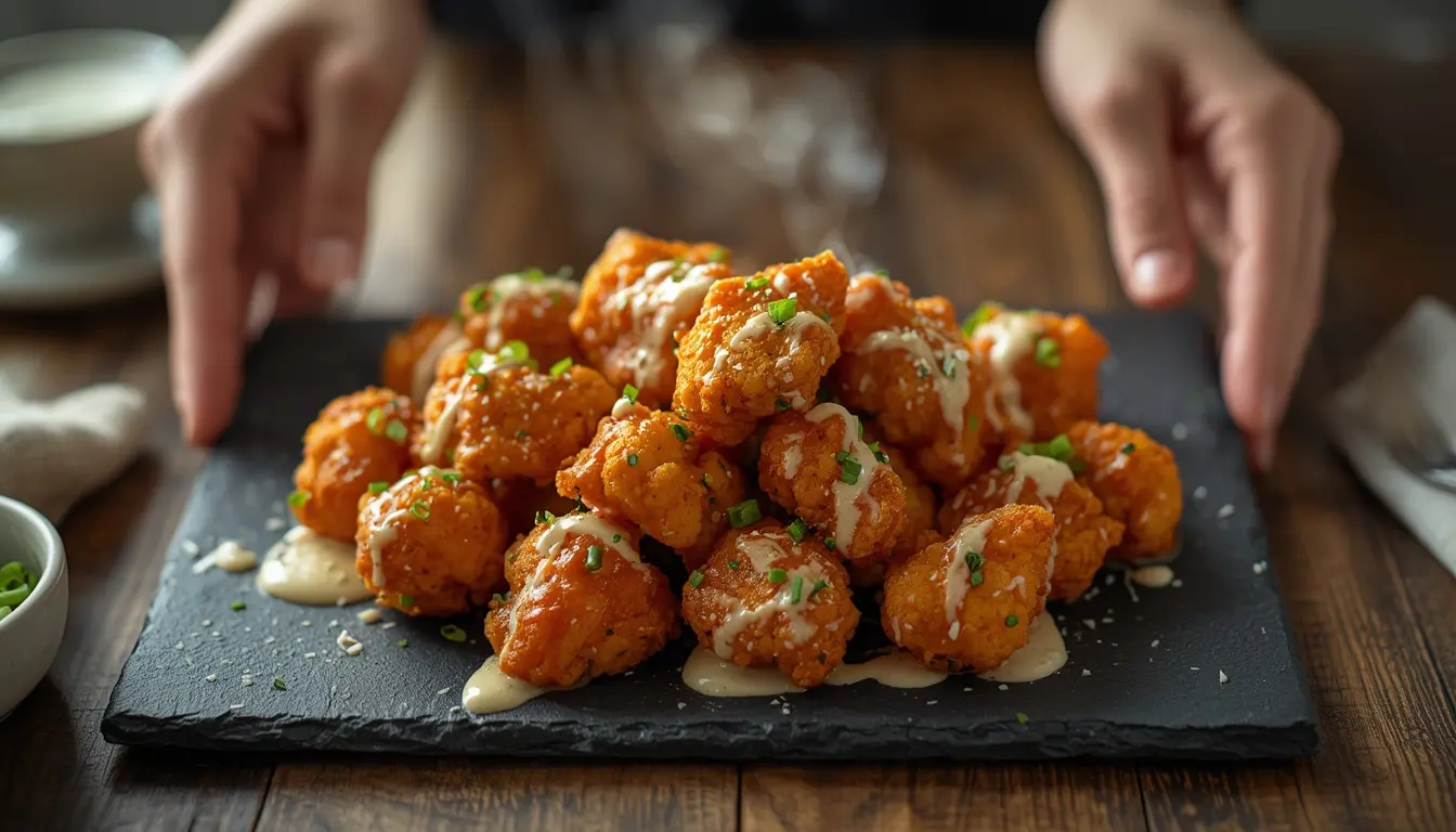 Extra-crispy golden-orange buffalo cauliflower wings with visible crunchy texture, fresh celery sticks, creamy white dip on dark platter, overhead view