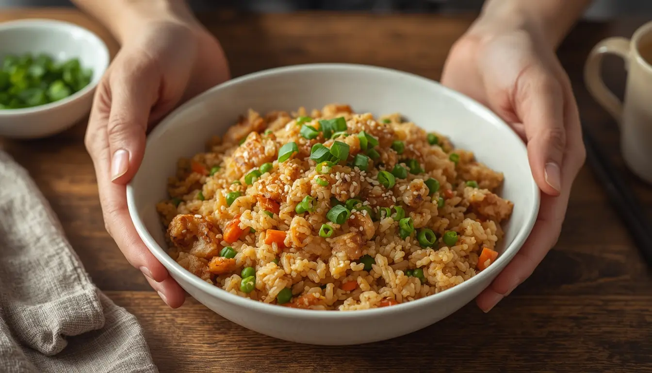 Crispy golden-brown Air Fryer Chicken Fried Rice with tender chicken pieces, green peas, and carrots in a white bowl, garnished with fresh green onions and sesame seeds on a dark wooden table