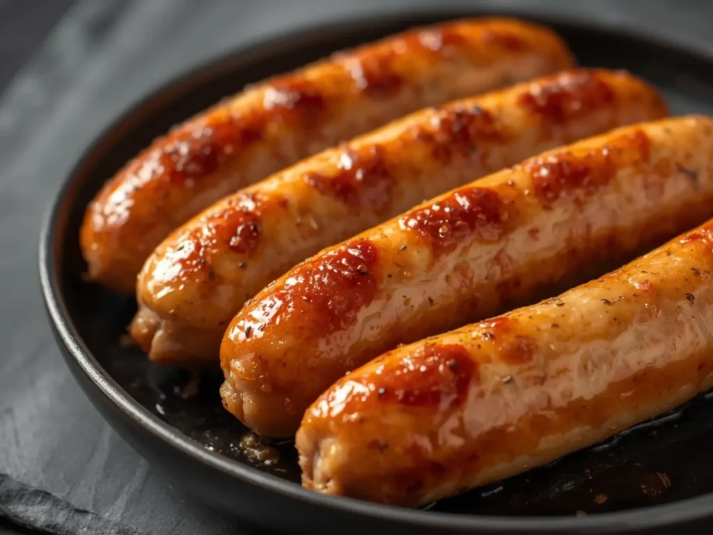 Air Fryer Chicken Sausage: Extra crispy golden brown chicken sausage links cooked in an air fryer basket with juicy insides.