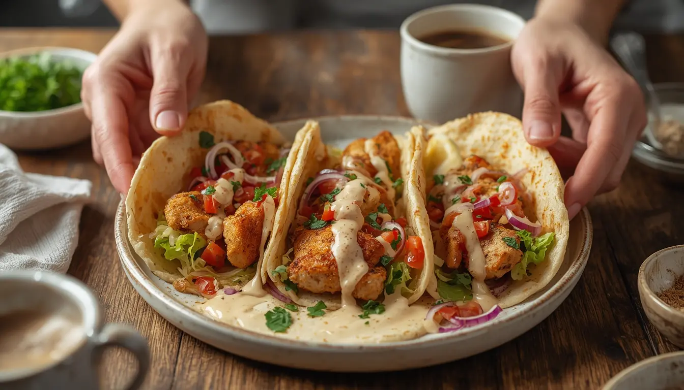 Golden-brown Air Fryer Chicken Shawarma Wraps with fresh veggies and creamy tzatziki sauce on a rustic wooden board