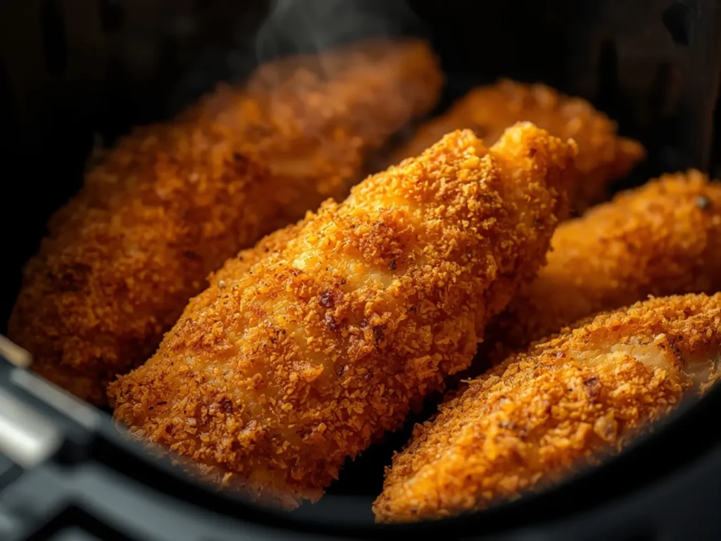 Air Fryer Chicken Tenders: Golden crispy breaded chicken tenders in an air fryer basket, perfectly cooked and ready to eat.