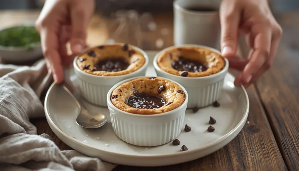 Air Fryer Chocolate Chip Cookie Dough Pots in white ramekins with melted chocolate chips and vanilla ice cream topping, air fryer dessert