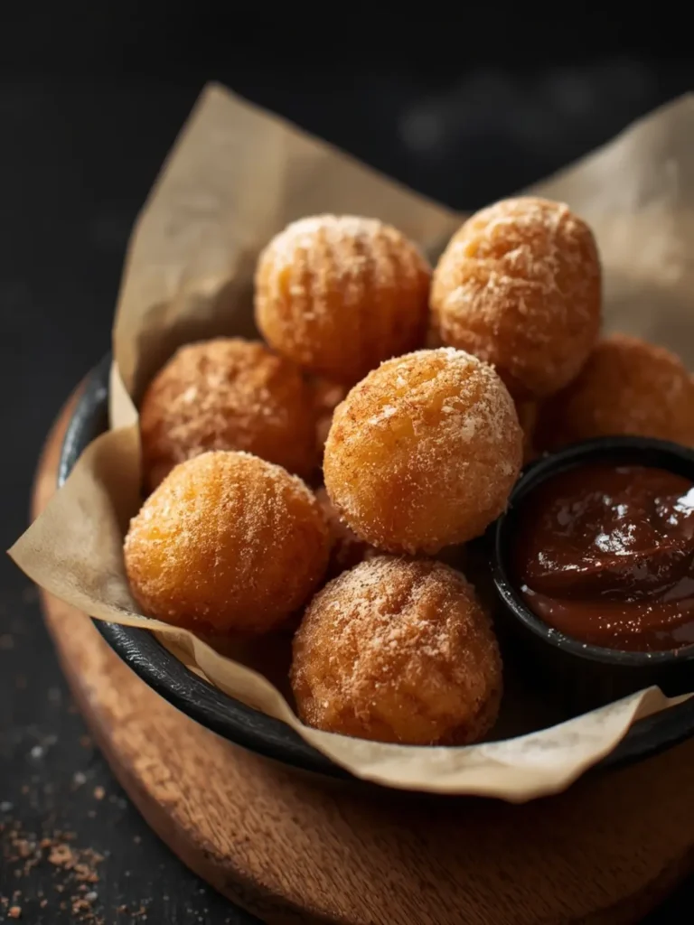 Golden-brown Air Fryer Churro Bites with Nutella piled on dark slate with melted chocolate dipping sauce
