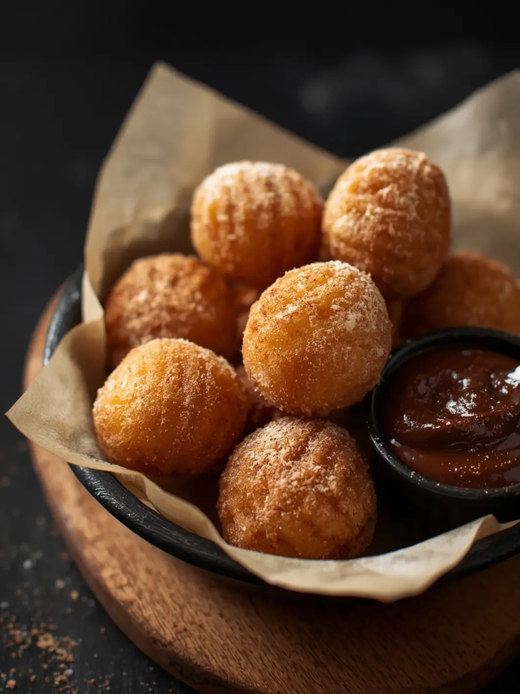 Golden-brown Air Fryer Churro Bites with Nutella piled on dark slate with melted chocolate dipping sauce