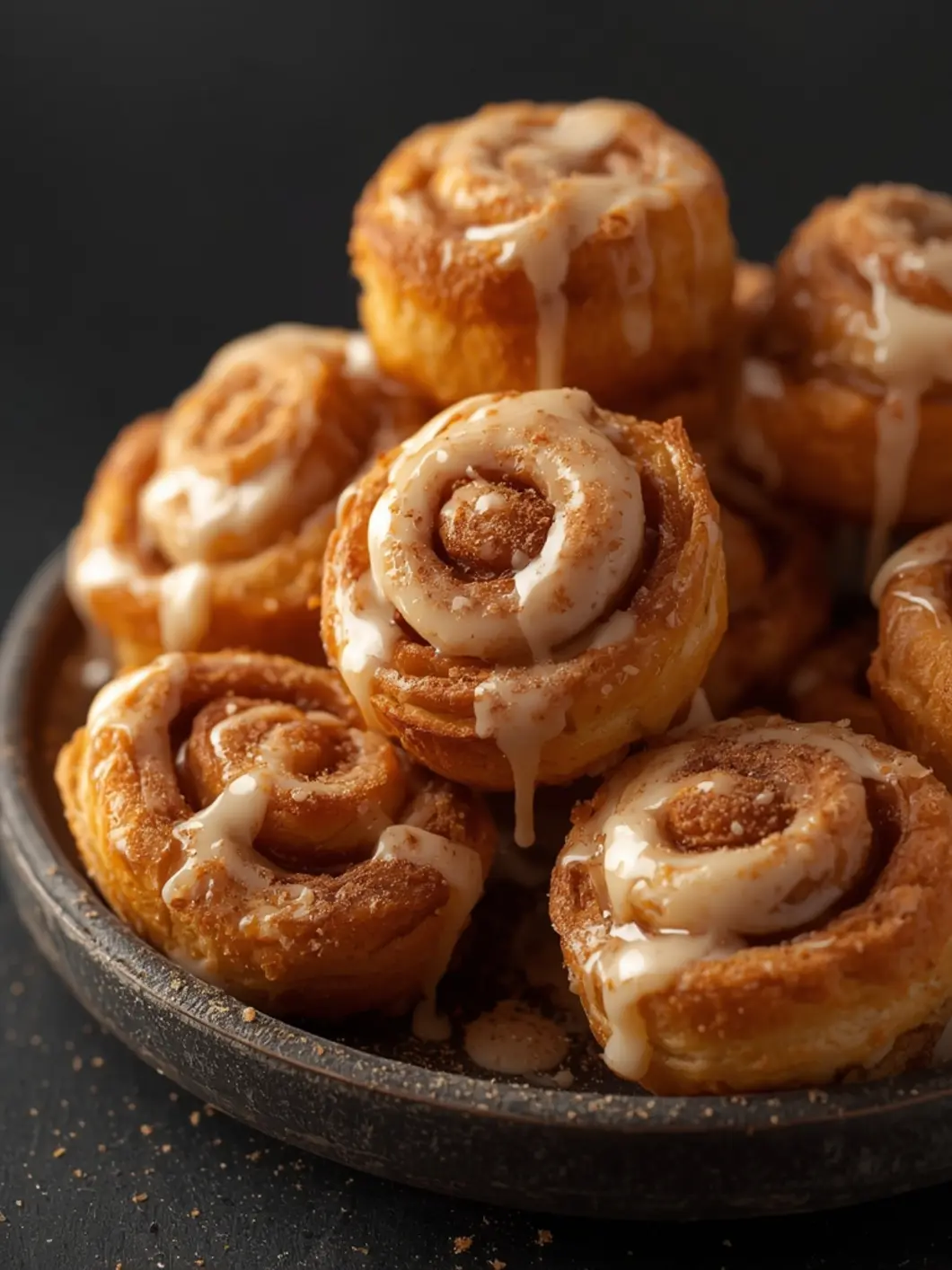 Golden-brown Air Fryer Cinnamon Roll Bites with melted icing on dark slate background, crispy edges visible