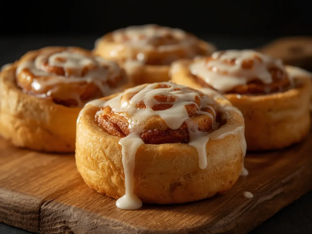 Air Fryer Cinnamon Rolls: Golden-brown air fryer cinnamon rolls with melted butter glaze and creamy white icing on a rustic wooden board.