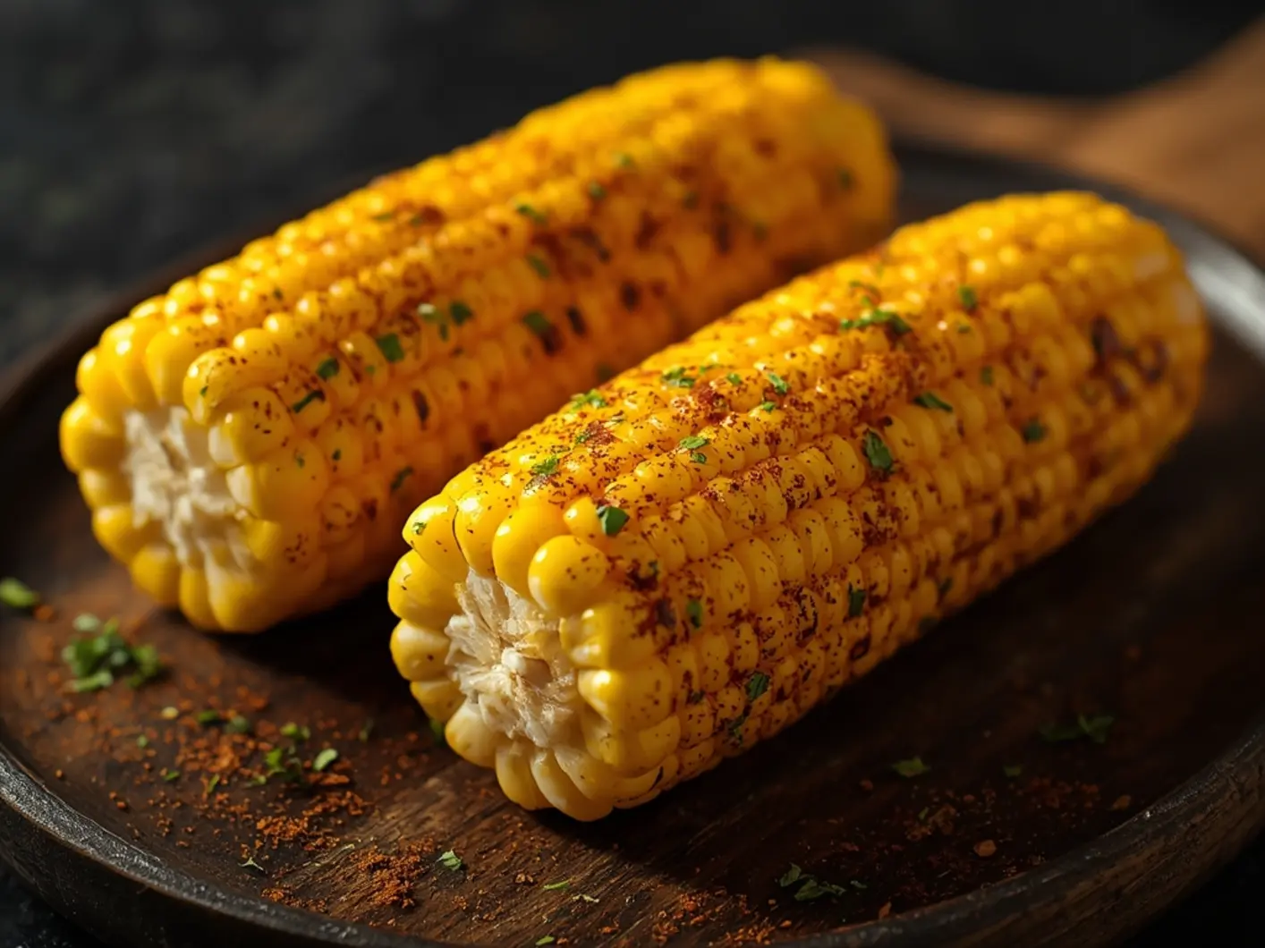 Air Fryer Corn On The Cob: Crispy golden Air Fryer Corn On The Cob with melted butter and black pepper on a wooden cutting board.
