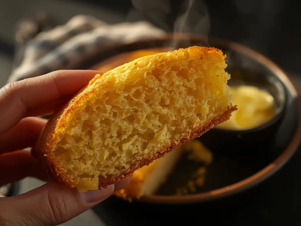 Air Fryer Cornbread: Golden brown air fryer cornbread slice with crispy edges and a fluffy interior on a wooden board.