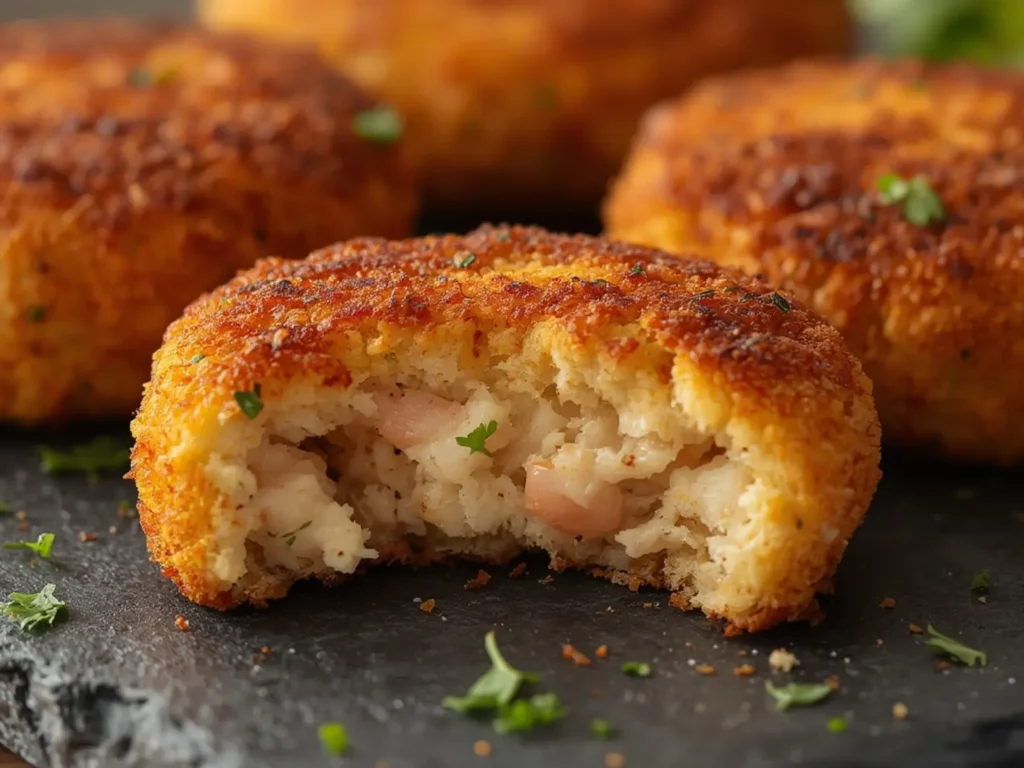 Air Fryer Crab Cakes: Crispy golden air fryer crab cakes with visible crab chunks and parsley on a white plate