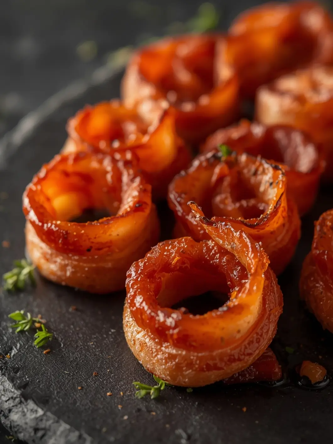 Golden-brown air fryer crispy bacon twists with perfect spiral shapes on dark slate board with maple syrup drizzle