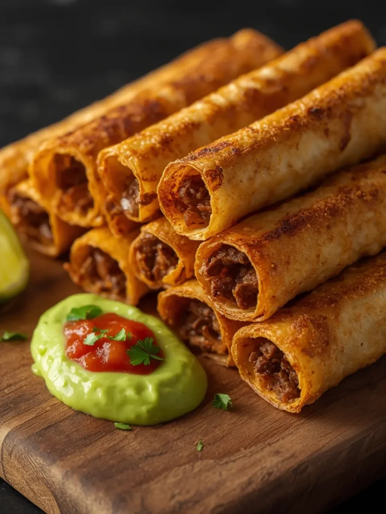 Golden crispy beef taquitos stacked on dark plate with melted cheese and cilantro garnish