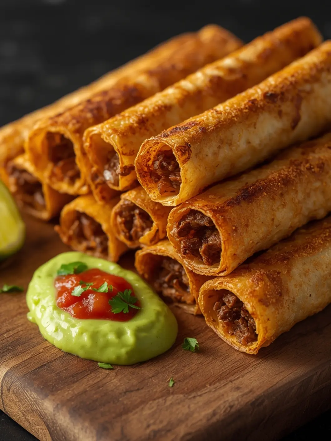 Golden crispy beef taquitos stacked on dark plate with melted cheese and cilantro garnish