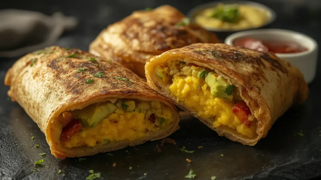 Golden crispy air fryer breakfast burrito with eggs, sausage, and cheese on a rustic table.